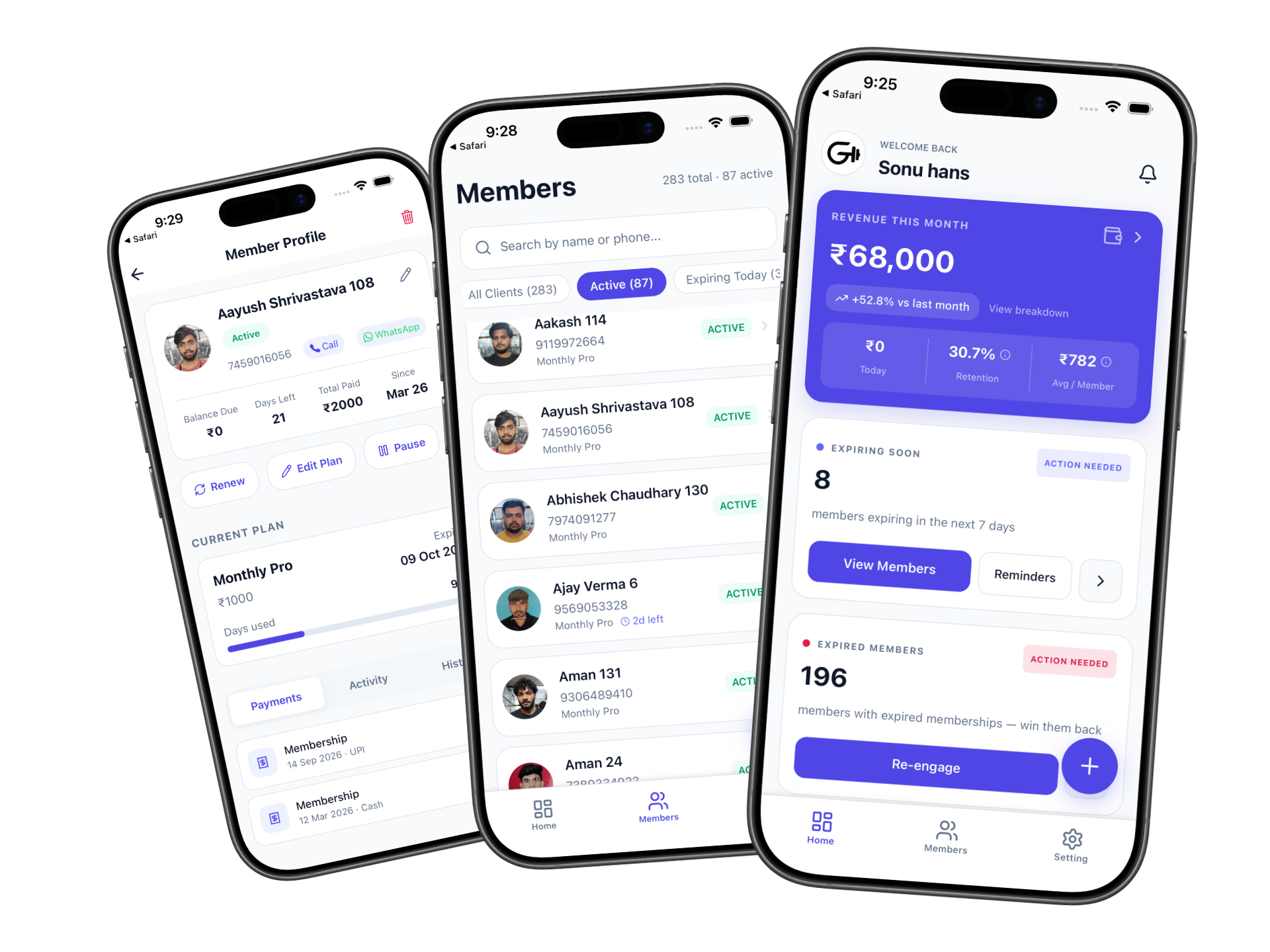 GymKarta gym management app showing member profile, membership list, and revenue dashboard on iPhone