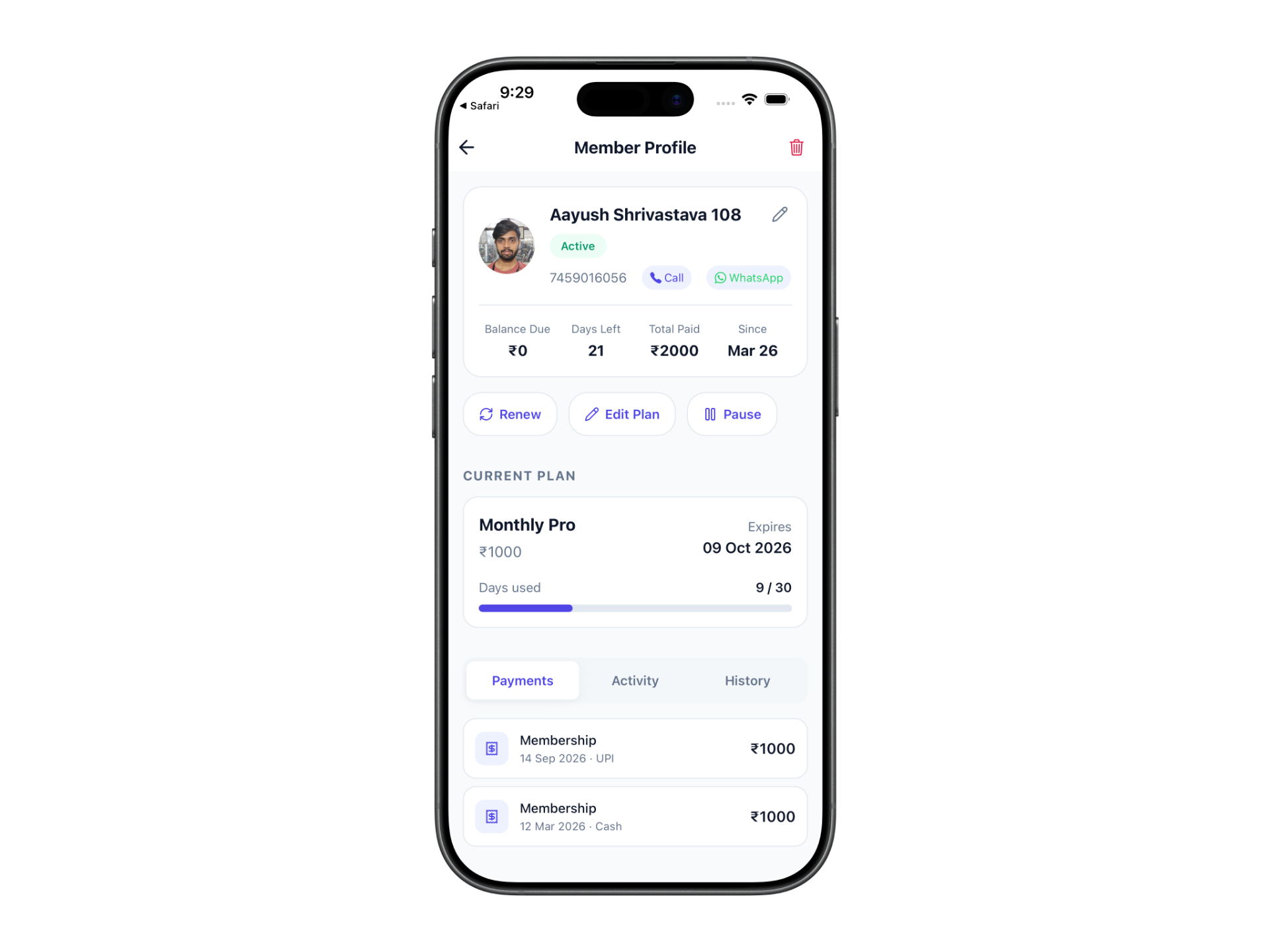 GymKarta member profile with plan, payments, and WhatsApp contact