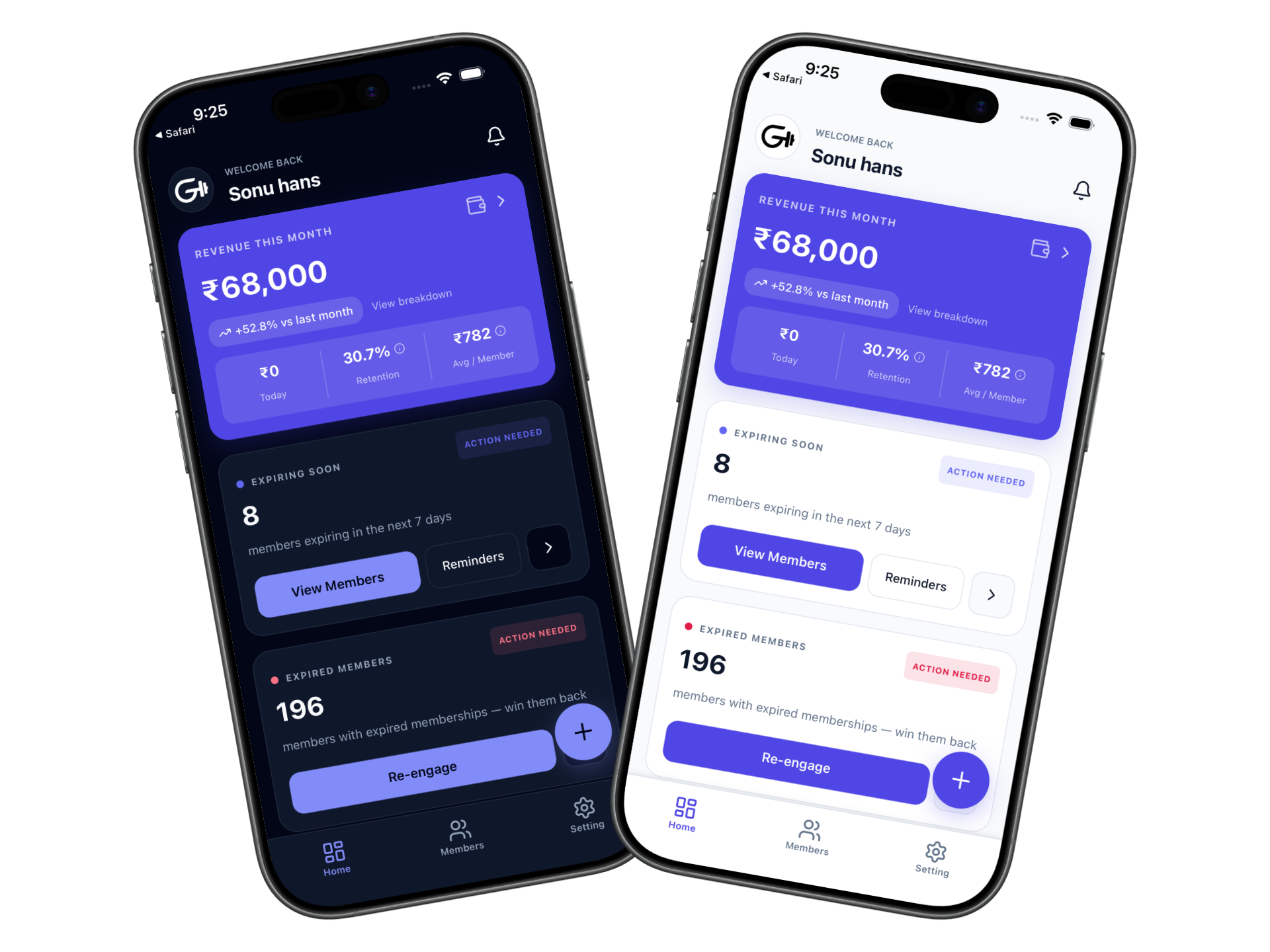 GymKarta gym owner dashboard in dark mode and light mode on two iPhones